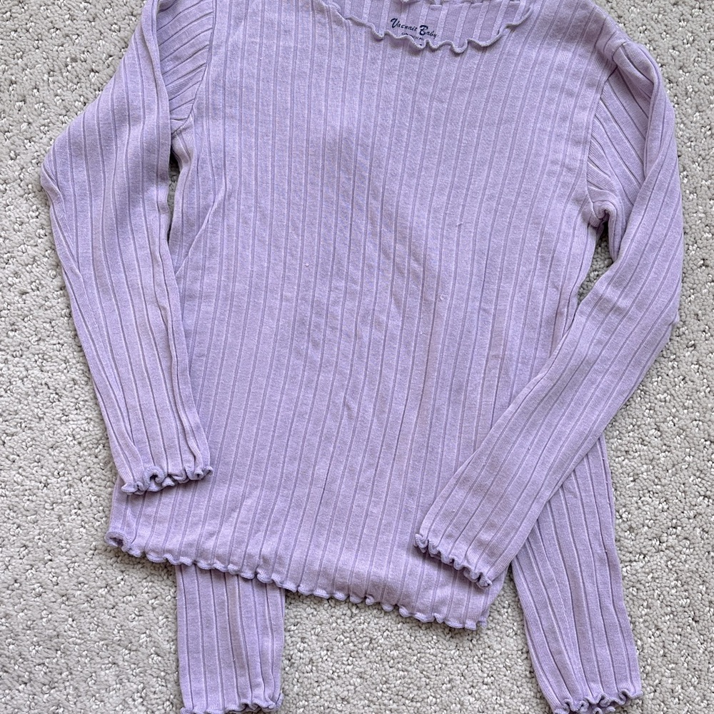 Vaenait Baby Purple Ribbed Long Sleeve pajamas with lettuce edging 3t